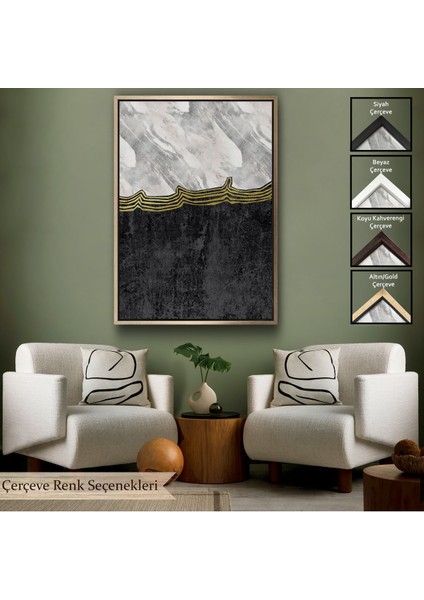 Siyah Çerçeveli Siyah Beyaz Mermer Desenli Dekoratif Kanvas Tablo