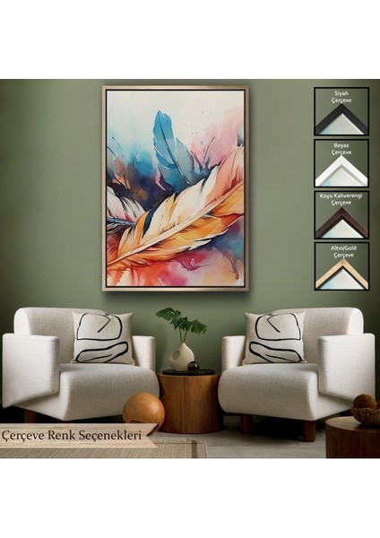 Beyaz Çerçeveli Suluboya Görünümlü Modern Tüy Tablosu