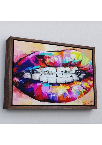 Kahverengi Çerçeveli Diş Teli ve Renkli Dudaklar Graffti Tablosu