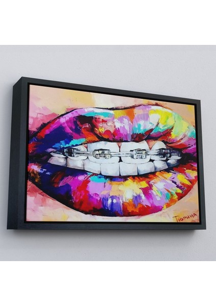 Kahverengi Çerçeveli Diş Teli ve Renkli Dudaklar Graffti Tablosu modelleri