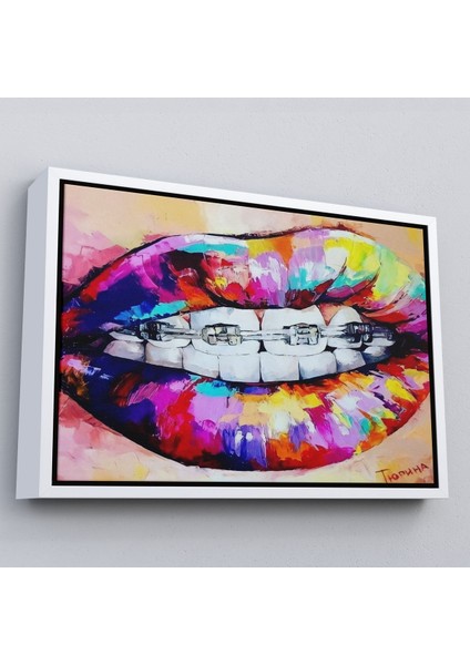 Kahverengi Çerçeveli Diş Teli ve Renkli Dudaklar Graffti Tablosu fırsatları