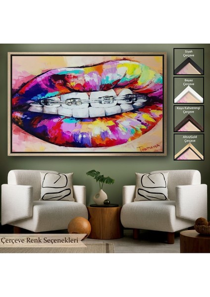 Kahverengi Çerçeveli Diş Teli ve Renkli Dudaklar Graffti Tablosu