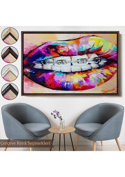 Kahverengi Çerçeveli Diş Teli ve Renkli Dudaklar Graffti Tablosu