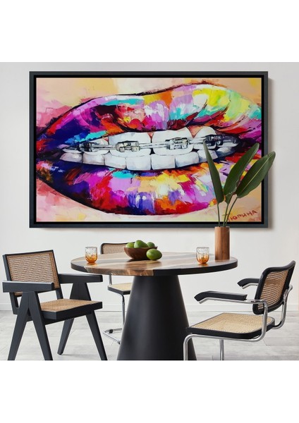 Kahverengi Çerçeveli Diş Teli ve Renkli Dudaklar Graffti Tablosu