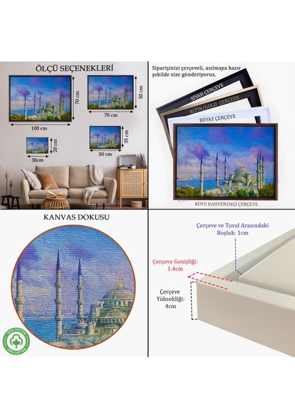 Altın Çerçeveli Sultan Ahmet Cami Yağlıboya Görünüm Dekortif Kanvas Tablo indirimleri