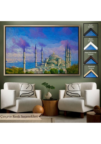 Altın Çerçeveli Sultan Ahmet Cami Yağlıboya Görünüm Dekortif Kanvas Tablo