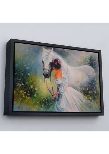 Siyah Çerçeveli Bayaz At ve Sahibi Kız Yağlıboya Görünüm Dekoratif Kanvas Duvar Tablosu