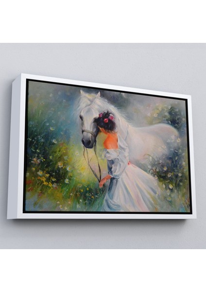 Siyah Çerçeveli Bayaz At ve Sahibi Kız Yağlıboya Görünüm Dekoratif Kanvas Duvar Tablosu fiyatları