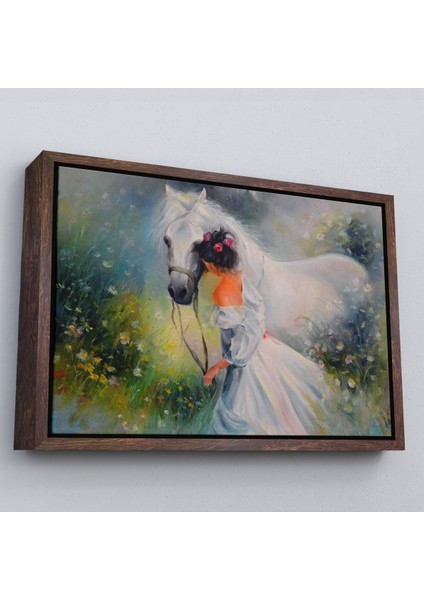 Siyah Çerçeveli Bayaz At ve Sahibi Kız Yağlıboya Görünüm Dekoratif Kanvas Duvar Tablosu modelleri