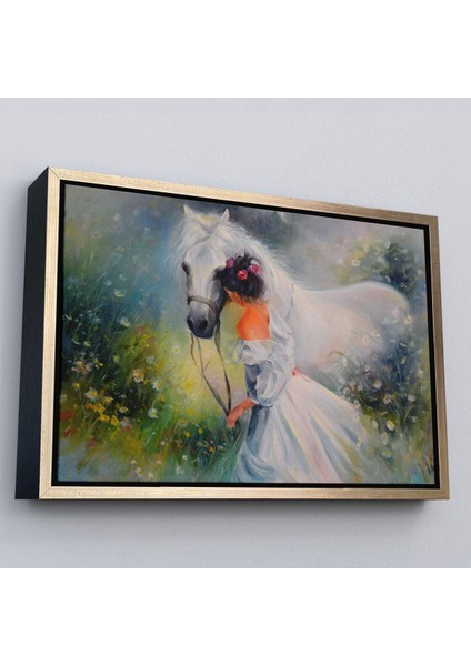 Siyah Çerçeveli Bayaz At ve Sahibi Kız Yağlıboya Görünüm Dekoratif Kanvas Duvar Tablosu fırsatları