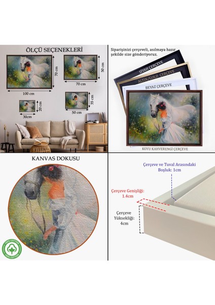 Siyah Çerçeveli Bayaz At ve Sahibi Kız Yağlıboya Görünüm Dekoratif Kanvas Duvar Tablosu indirimleri