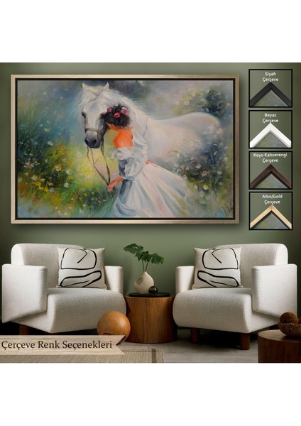 Siyah Çerçeveli Bayaz At ve Sahibi Kız Yağlıboya Görünüm Dekoratif Kanvas Duvar Tablosu