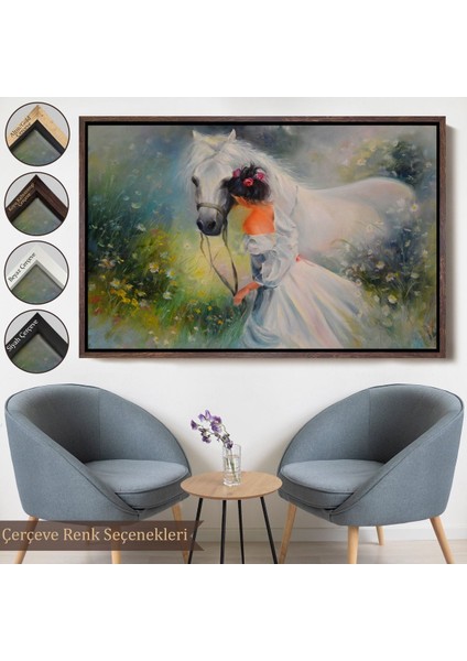 Siyah Çerçeveli Bayaz At ve Sahibi Kız Yağlıboya Görünüm Dekoratif Kanvas Duvar Tablosu