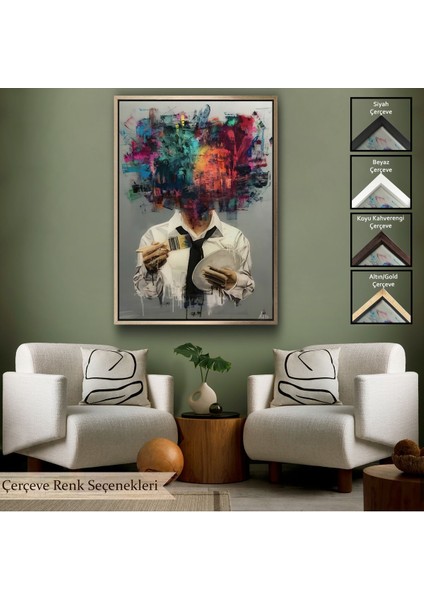 Kahverengi Çerçeveli Kendi Kafasını Boyayan Adam Gerçeküstü Duvar Sanatı Kanvas Tablo