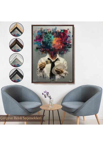Kahverengi Çerçeveli Kendi Kafasını Boyayan Adam Gerçeküstü Duvar Sanatı Kanvas Tablo