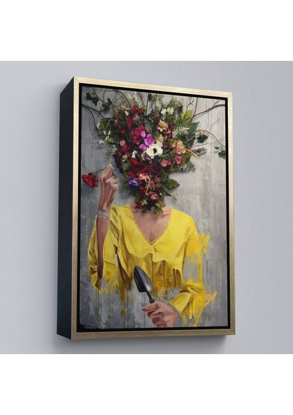 Beyaz Çerçeveli Çiçek Başlı Kadın Kanvas Tablo modelleri