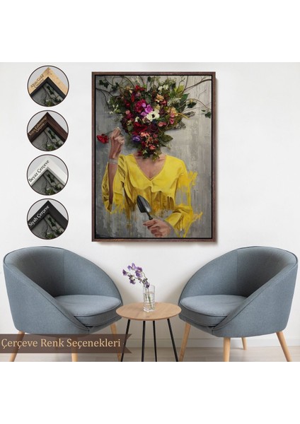 Beyaz Çerçeveli Çiçek Başlı Kadın Kanvas Tablo