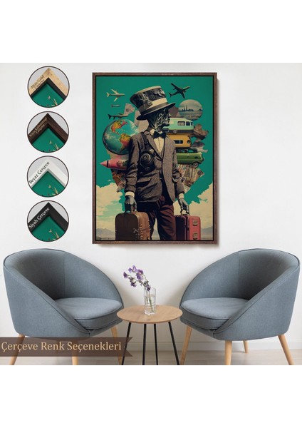 Altın Çerçeveli Takım Elbiseli Seyahat Eden Adam Vintage Kanvas Tablo