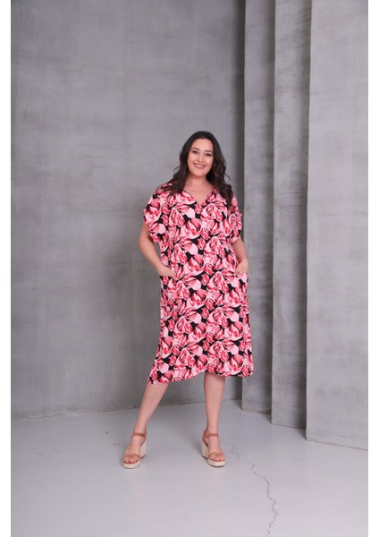 Kadın Büyük Beden Kloş Dokuma Pembe Elbise