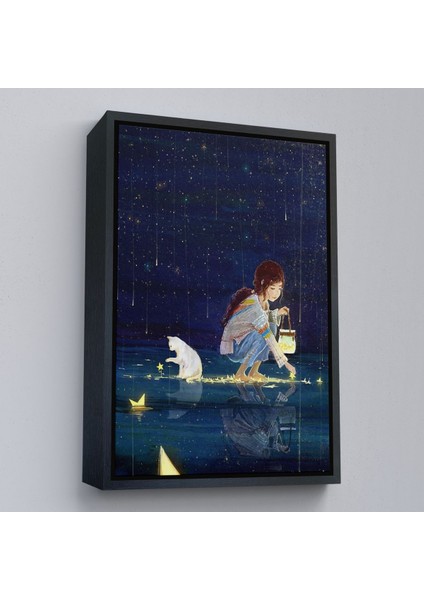 Siyah Çerçeveli Yıldız Toplayan Kız ve Kedi Dekoratif Duvar Tablosu