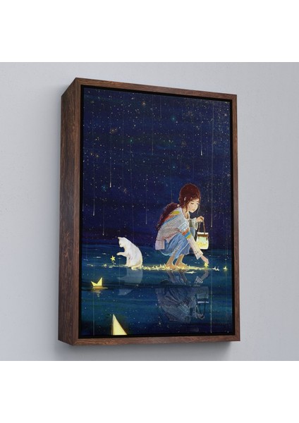 Siyah Çerçeveli Yıldız Toplayan Kız ve Kedi Dekoratif Duvar Tablosu modelleri
