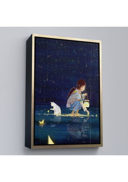 Siyah Çerçeveli Yıldız Toplayan Kız ve Kedi Dekoratif Duvar Tablosu fırsatları