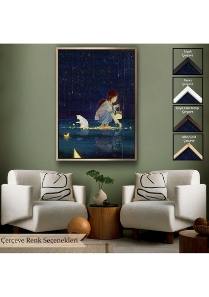 Siyah Çerçeveli Yıldız Toplayan Kız ve Kedi Dekoratif Duvar Tablosu