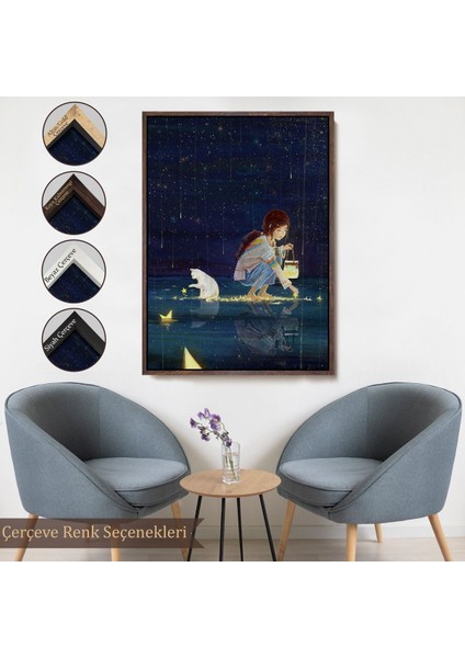 Siyah Çerçeveli Yıldız Toplayan Kız ve Kedi Dekoratif Duvar Tablosu