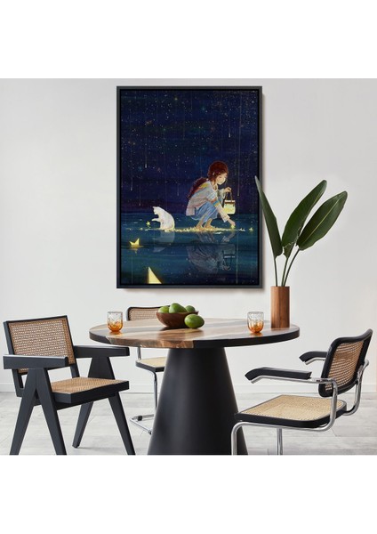 Siyah Çerçeveli Yıldız Toplayan Kız ve Kedi Dekoratif Duvar Tablosu