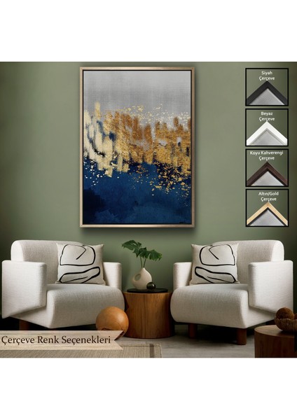 Beyaz Çerçeveli Mavi ve Altın Detaylı Modern Tablo