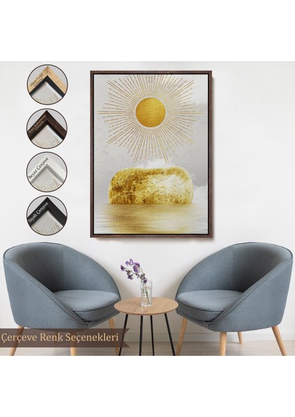 Kahverengi Çerçeveli Altın Güneş Manzarası Tablosu