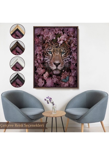 Altın Çerçeveli Pembe Çiçekler Arasında Vahşi Leopar Dekoratif Duvar Tablosu