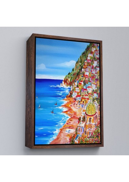 Kahverengi Çerçeveli Italya La Bella Positano Amalfi Sahili Duvar Tablosu
