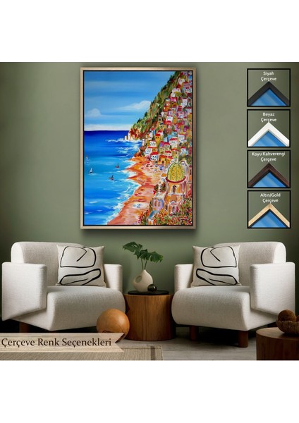 Kahverengi Çerçeveli Italya La Bella Positano Amalfi Sahili Duvar Tablosu