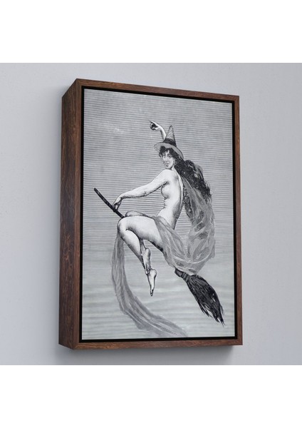 Beyaz Çerçeveli Süpürgedeki Cadı, Gotik Sanat Çıplak Cadı Duvar Tablosu fiyatları