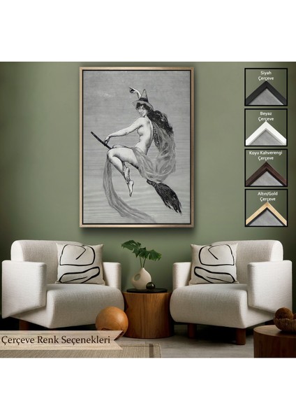 Beyaz Çerçeveli Süpürgedeki Cadı, Gotik Sanat Çıplak Cadı Duvar Tablosu