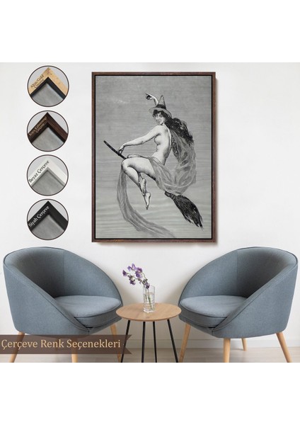 Beyaz Çerçeveli Süpürgedeki Cadı, Gotik Sanat Çıplak Cadı Duvar Tablosu