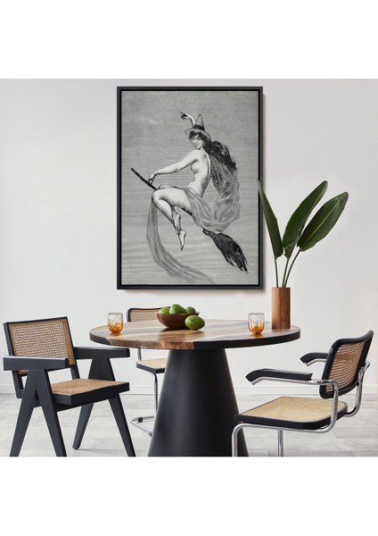 Beyaz Çerçeveli Süpürgedeki Cadı, Gotik Sanat Çıplak Cadı Duvar Tablosu