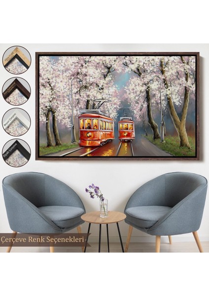 Beyaz Çerçeveli Kırmızı Tranvaylar Yağlıboya Görünüm Dekoratif Kanvas Duvar Tablosu