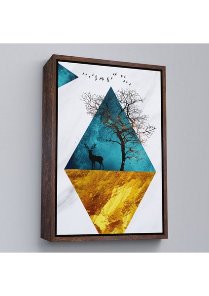 Kahverengi Çerçeveli Modern Tasarım Altın Geyikler Tablosu