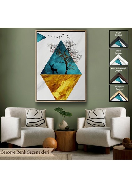 Kahverengi Çerçeveli Modern Tasarım Altın Geyikler Tablosu