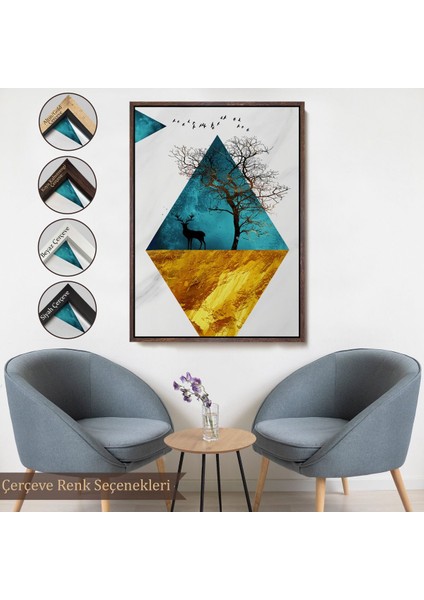 Kahverengi Çerçeveli Modern Tasarım Altın Geyikler Tablosu