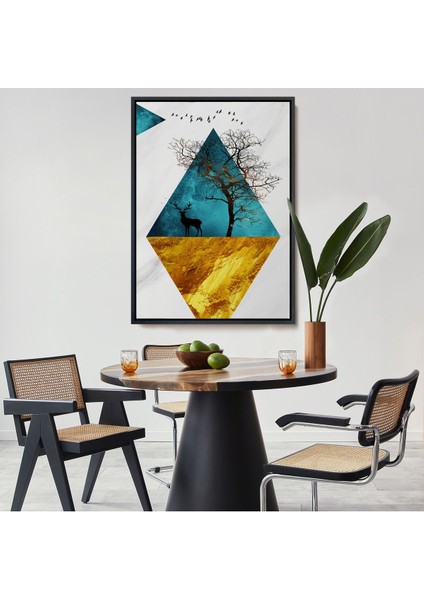 Kahverengi Çerçeveli Modern Tasarım Altın Geyikler Tablosu