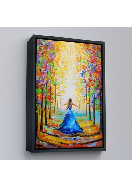 Siyah Çerçeveli Renkli Ormanda Yürüyen Mavi Elbiseli Kadın Tablosu