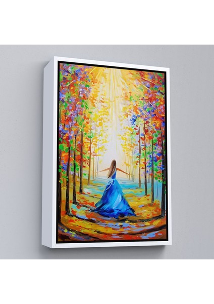 Siyah Çerçeveli Renkli Ormanda Yürüyen Mavi Elbiseli Kadın Tablosu fiyatları