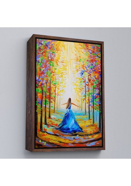 Siyah Çerçeveli Renkli Ormanda Yürüyen Mavi Elbiseli Kadın Tablosu modelleri