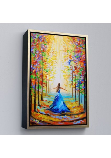 Siyah Çerçeveli Renkli Ormanda Yürüyen Mavi Elbiseli Kadın Tablosu fırsatları