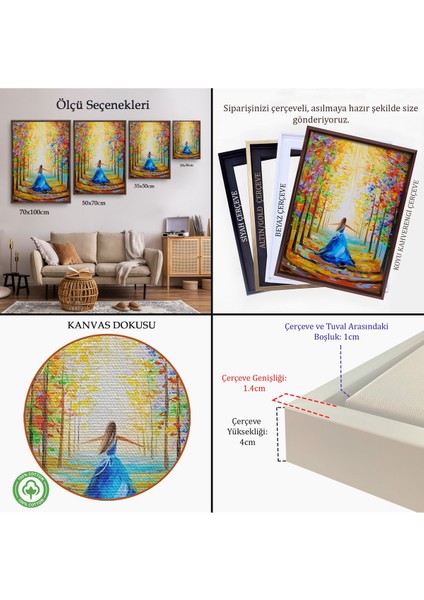 Siyah Çerçeveli Renkli Ormanda Yürüyen Mavi Elbiseli Kadın Tablosu indirimleri