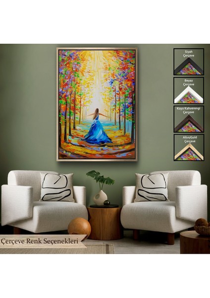 Siyah Çerçeveli Renkli Ormanda Yürüyen Mavi Elbiseli Kadın Tablosu