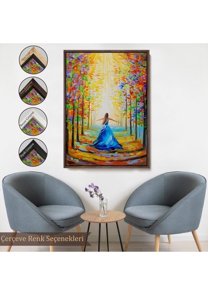 Siyah Çerçeveli Renkli Ormanda Yürüyen Mavi Elbiseli Kadın Tablosu